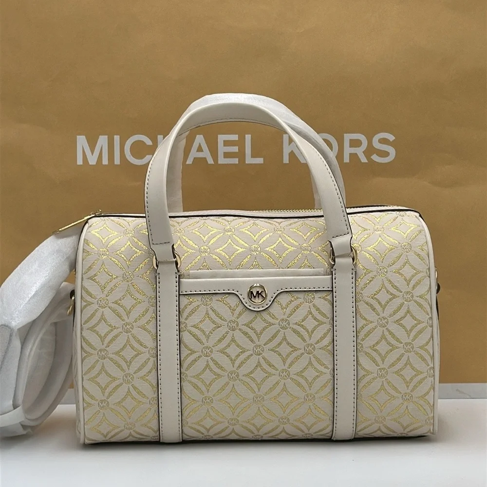 MICHAEL KORS JST TRAVEL MEDIUM DUFFLE SATCHEL SHOULDER CROSSBODY BAG Pale Gold